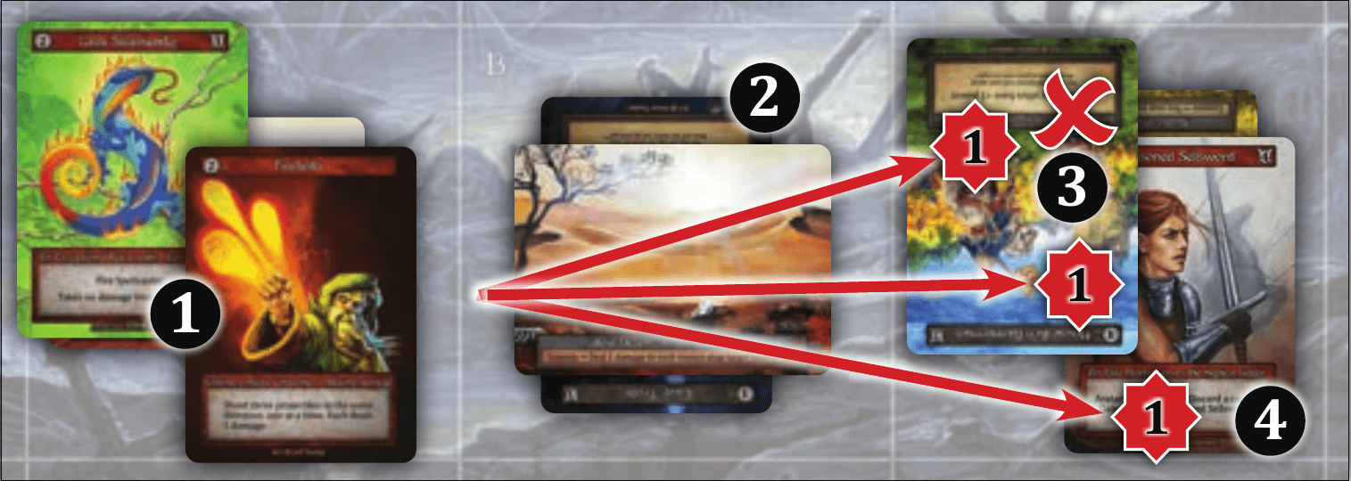 Lava Salamander casts Firebolts — three projectiles fly past the burrowed Cave Trolls towards the Bannerman.