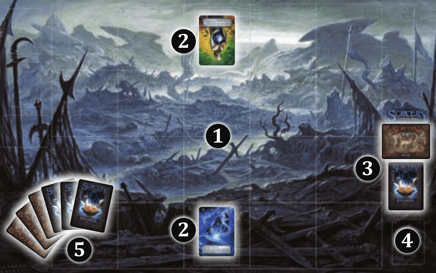Two players' decks and avatars placed on the realm at game start.